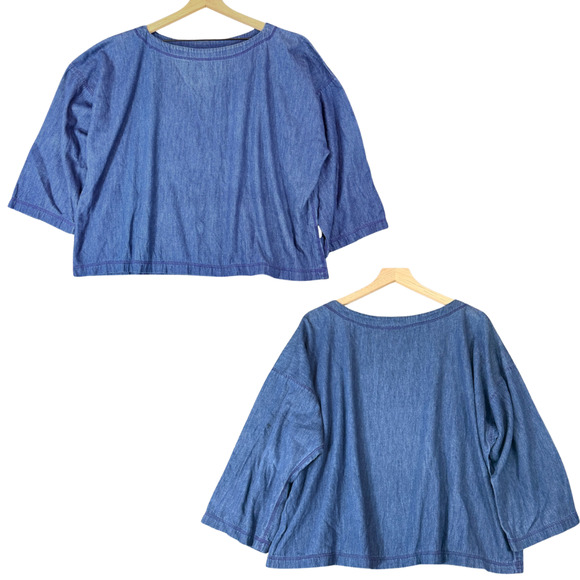 Gene Ewing Bis Tops - GENE Ewing Bis Wrinkled Rich Denim Top Blue Boatneck Lagenlook USA M Vintage 80s